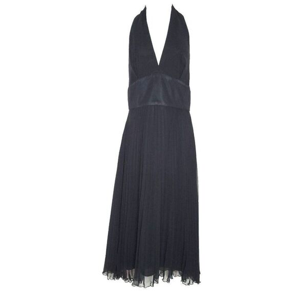 ABS Allen Schwartz Halter Pleated Dress Sz 8 Midi Empire Waist Black Chiffon - Picture 1 of 6